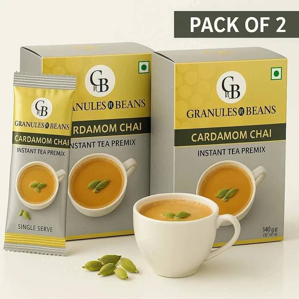 Granules and Beans Cardamom Tea Instant Premix (Pack of 2) | 100% Natural Elaichi Chai Instant Premix | 10 Sachets of 14gms Each Chai for Immunity & Freshness Cardamom Instant Tea Box