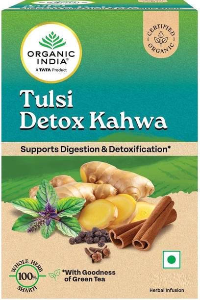 Tata Organic India Tulsi DETOX KAHWA Tea Bags SUPPORTS DIGESTION Ginger, Tulsi, Black Pepper, Cinnamon Green Tea Bags Tetrapack
