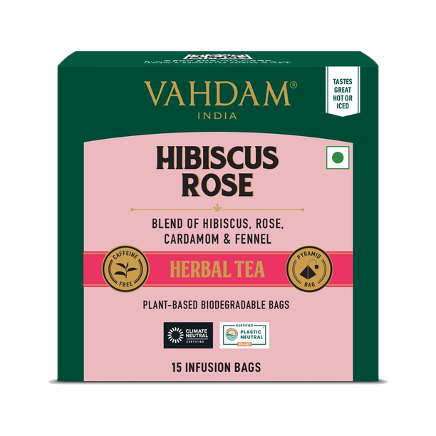 Vahdam Teas Organic Hibicus Rose Hibiscus, Rose, Cardamom, Fennel Herbal Tea Bags Box
