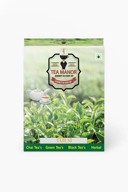 TEA MANOR TULSI TEA|TULSI LEAVES &CTC DUST BLEND|BLACK TEA|100gms Pack Tulsi Tea Blend Box