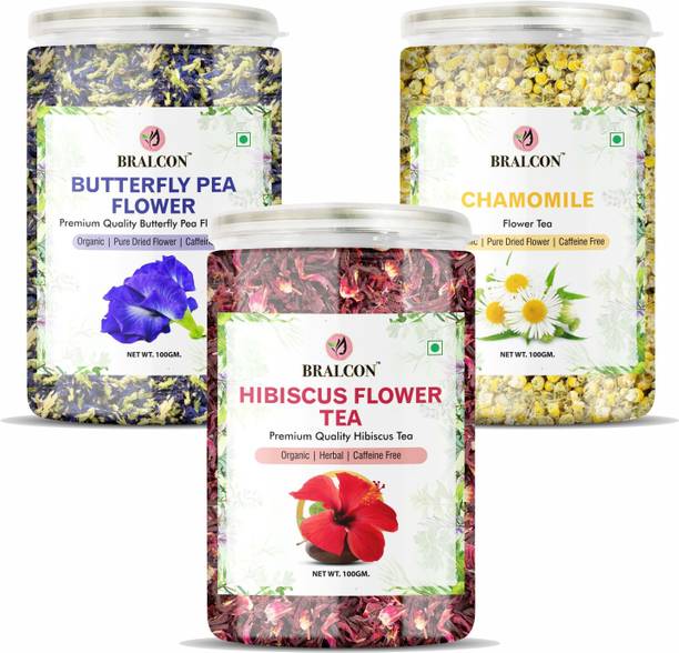 BRALCON Butterfly Pea Flower Tea, Hibiscus Flower Tea, Chamomile Flower Tea- 100g Each | Herbal Tea Plastic Bottle