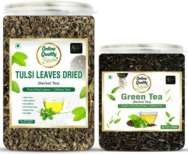 Online Quality Store Combo of Tulsi Leaves Tea (100g) + Green Tea (100g) | Green Tea Plastic Bottle