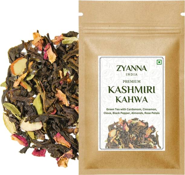 ZYANNA Kashmiri Kahwa Tea - Premium Green Tea with Cardamom, Almonds, Rose Petals, Spices, Cinnamon, Cloves, Rose, Saffron Green Tea Pouch