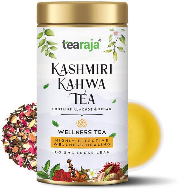 Tearaja Kashmiri Kahwa Green Tea Rose, Cardomom, Saffron, Black Pepper, Herbs Herbal Infusion Tea Tin