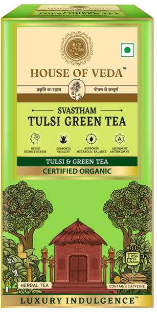 HOUSE OF VEDA Svastham Tulsi Green ,25 Tea Bags ,Certified Organic Holy Basil & Green Tea Herbal Tea Bags Box