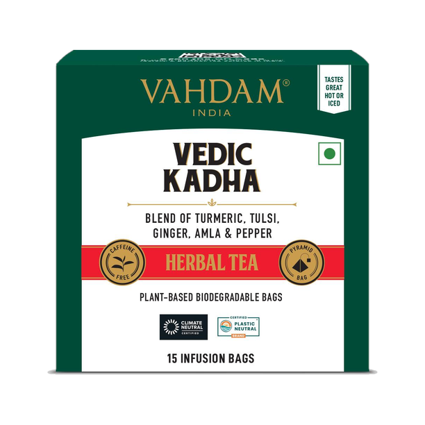 Vahdam Vedic Kadha Tulsi, Ginger, Amla, Turmeric, Spices Herbal Tea Bags Box