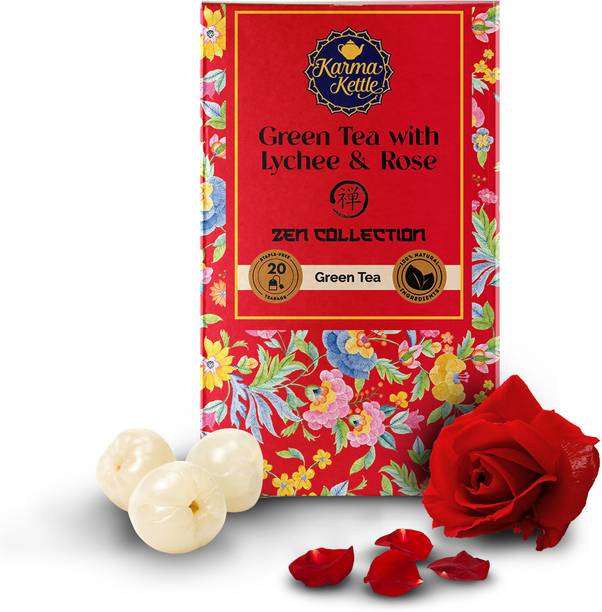Karma Kettle Zen - Green Tea with Lychee & Rose, 20 Pyramid Tea bags Rose Green Tea Box