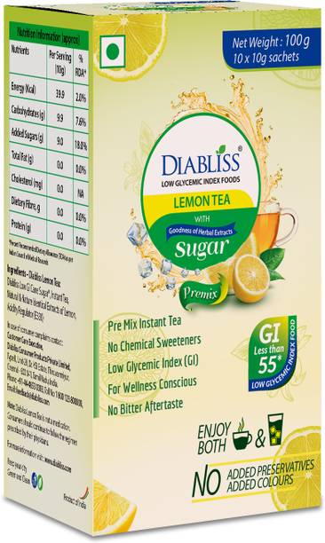 DiaBliss Low GI Instant Lemon Tea Premix Globally Trusted 17-Herb Blend Refreshing Taste Lemon Herbal Infusion Tea Box