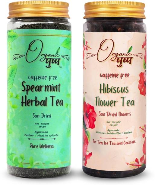 Organic Pushp Hibiscus Flower & Spearmint Herbal Tea Combo | 50g Each (Pack of Two) Hibiscus, Mint Herbal Tea Plastic Bottle