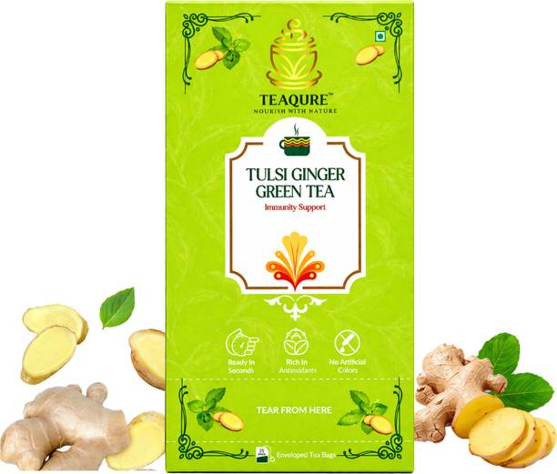 TEAQURE Tulsi Ginger Green Tea | Holy Basil & Ginger Green Tea Bags (25 Tea Bags) Tulsi Green Tea Bags Box