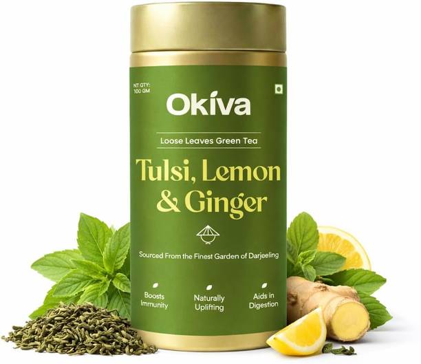 okiva Tulsi Lemon Ginger Green Tea - Immunity & Digestion Support Tea Tulsi, Ginger, Lemon Green Tea Plastic Bottle