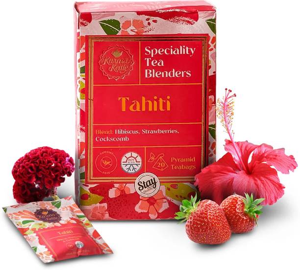 Karma Kettle Tahiti, Tropical Berry Tea, 20 Pyramid Tea bags Strawberry, Hibiscus Herbal Infusion Tea Box