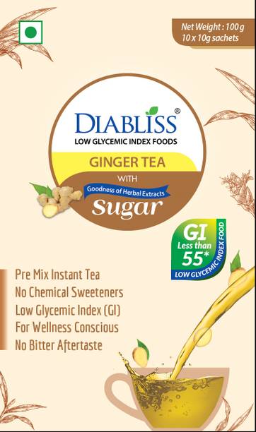 DiaBliss Low GI Ginger Tea Instant Premix Globaly Trusted 17-Herb Blend Rich Spicy Flavor Ginger Herbal Infusion Tea Box