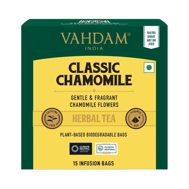 Vahdam Organic Classic Chamomile Herbal Tea Bags Box