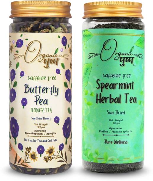 Organic Pushp Butterfly Pea & Spearmint | 30g Butterfly Pea + 50g Spearmint (Pack of Two) Assorted, Assorted Herbal Tea Plastic Bottle