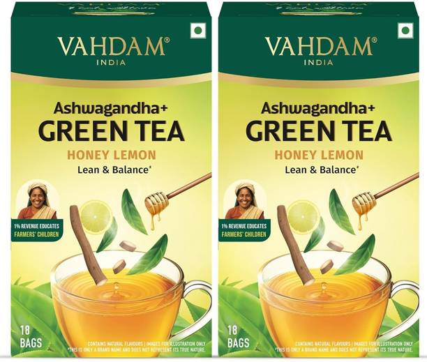 Vahdam Ashwagandha Green Tea with Honey & Lemon Honey Green Tea Bags Box