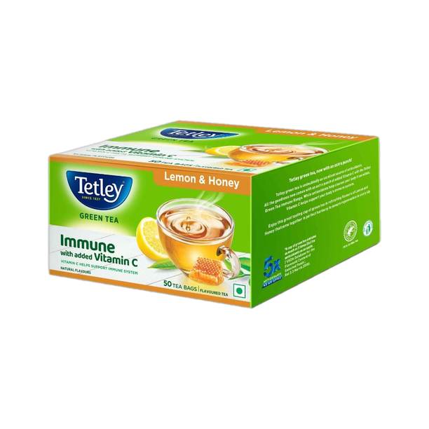 Tetley Lemon & Honey Flavored Green Tea, Immune with Added Vitamin C Green Tea Box 50 Bags