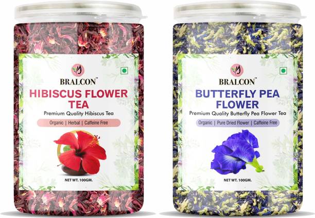 BRALCON Organic Hibiscus Flower Tea and Butterfly Pea Flower Tea Combo Pack 100g Each | Herbal Tea Plastic Bottle