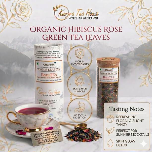 Kangra Tea House Organic Green Hibiscus Rose Tea for Youthful & Glowing Skin | Rich in Antioxidents| ZERO Artificial Flavours | Certified Organic Ingredients - KTH BeauTEA-100gms Rose, Lemon Grass, Mint Green Tea Glass Bottle