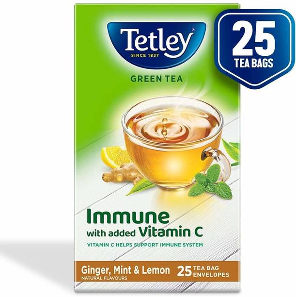 Tetley (25 bags) Green Tea With Ginger,Mint and Lemon Natural flavors With 5x Anti-Oxidants,Immunity Power of Vitamin C Ginger, Mint, Lemon Green Tea Bags Box