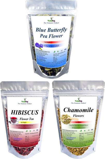 VY VedaYug Combo Pack Butterfly Pea Flower 20g + Hibiscus Flower 30g + Chamomile 30g Herbal Tea Pouch