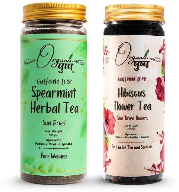 Organic Pushp Hibiscus Flower & Spearmint Herbal Tea Combo | 50g Each (Pack of Two) Hibiscus, Mint Herbal Tea Plastic Bottle