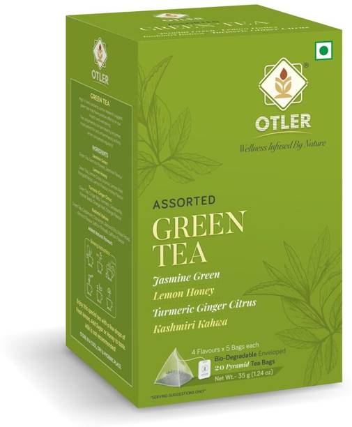 Otler Assorted Green Tea | 4 Flavours Jasmine, Lemon Honey, Turmeric Ginger, Kahwa Lemon, Honey Green Tea Bags Box