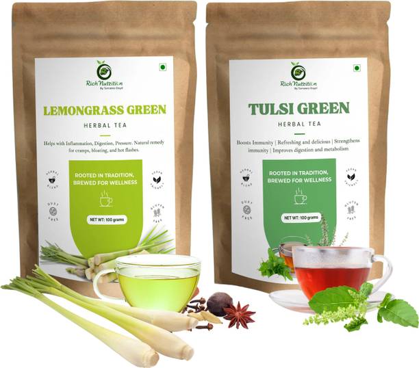 RichNutrition Combo Lemongrass Tea + Tulsi Green Tea (100gm Each) Tulsi Herbal Tea Pouch