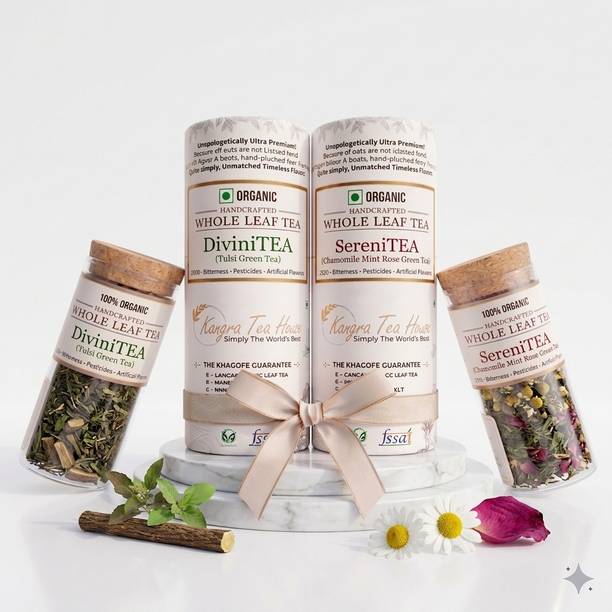 Kangra Tea House Organic Kangra Chamomile Mint & Tulsi Green Tea - KTH SereniTEA & DiviniTEA Pack Tulsi Green Tea Box