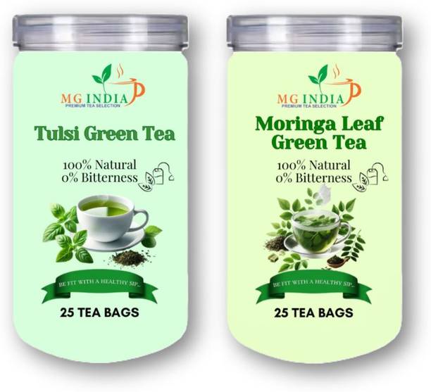 MG India - Premium Tea Collection Tulsi Green Tea + Moringa Leaf Green Tea Combo (25 Tea Bags Each) Green Tea Bags Box
