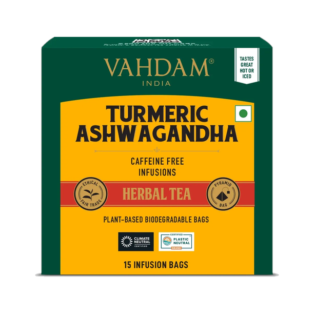 Vahdam Organic Ashwagandha Turmeric, Ashwagandha, Lemon Grass Herbal Tea Bags Box