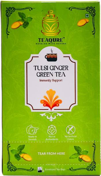 TEAQURE Tulsi Ginger Green Tea | Holy Basil & Ginger Green Tea Bags (25 Tea Bags) Tulsi Green Tea Bags Box