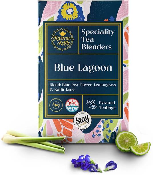 Karma Kettle Blue Lagoon-Lemongrass Tea with butterfly pea flower, 20 Pyramid Tea bag Lemon Grass, Citrus Herbal Infusion Tea Box