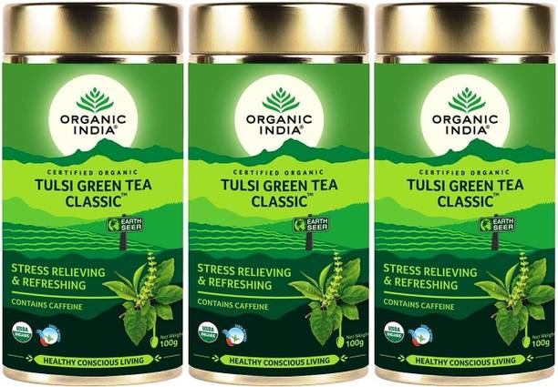 Organic India Tulsi Green Tea Classic (3 Packs, 100g Each) Tulsi Green Tea Tin
