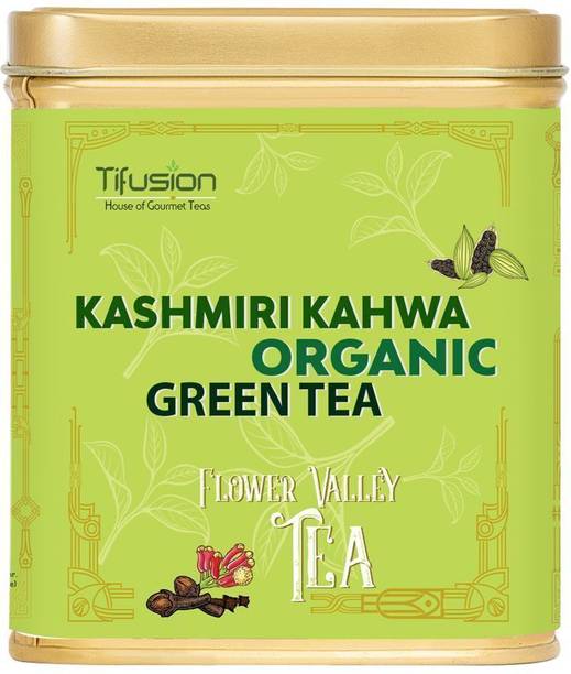 Tifusion Kashmiri Kahwa Green Tea 18 pyramid tea bags + 2 pyramid shaped tea bags free of the same variant / Organic Whole Leaf Green Tea With Almond / Cardamom / Clove / Ginger / Cinnamon / Rose / Saffron / Detox /Flower Valley tea/100% Natural & Pure Ingredients Cardamom Herbal Tea Box