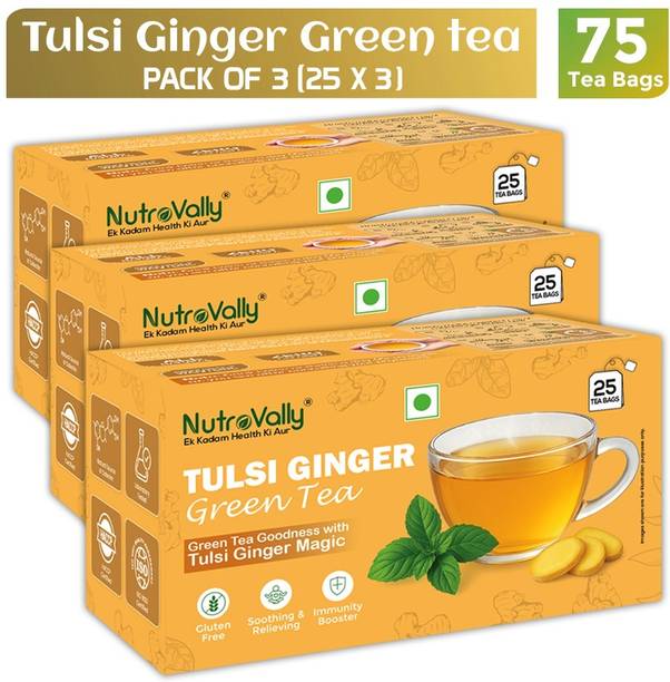 NutroVally Herbal Tulsi Ginger Green Tea | Antioxidant Rich & Natural Immunity Support Tulsi, Ginger, Lemon Grass, Mulethi Green Tea Bags Box