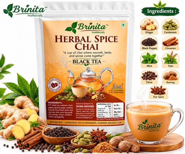 Brinita Masala Tea Wellness Infusion with Real Spices Black Pepper, Cardamom, Cinnamon, Cloves, Ginger, Tulsi Masala Tea Pouch