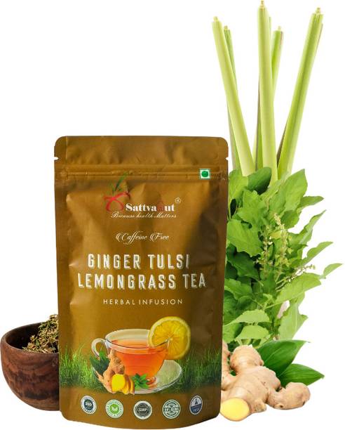 Sattvahut Ginger Tulsi Lemongrass Herbal Tea Natural Ingredients | 50 Cups-50g Loose Leaf Ginger, Lemon Grass Herbal Tea Pouch