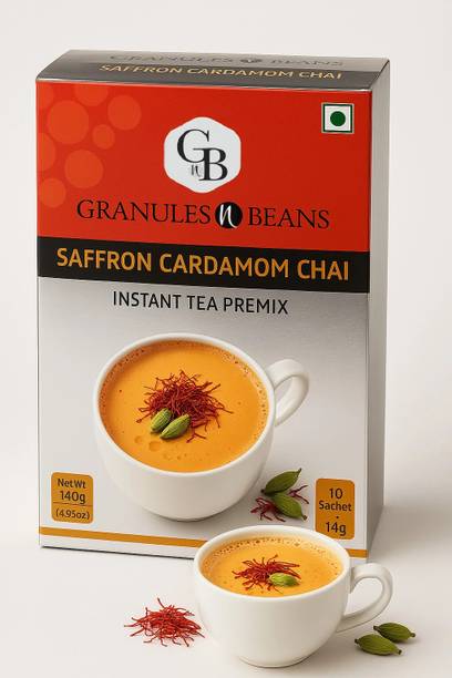 Granules and Beans Saffron Cardamom Tea Instant Premix | Kesar Elaichi Chai Premix for Immunity & Freshness | 10 Sachtes of 14gms Each instant Chai Saffron, Cardamom Instant Tea Box