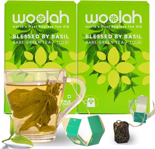 woolah Rare Green Tea with Tulsi - World's 1st Bagless Teadip (30 Sachets) Tulsi Green Tea Box