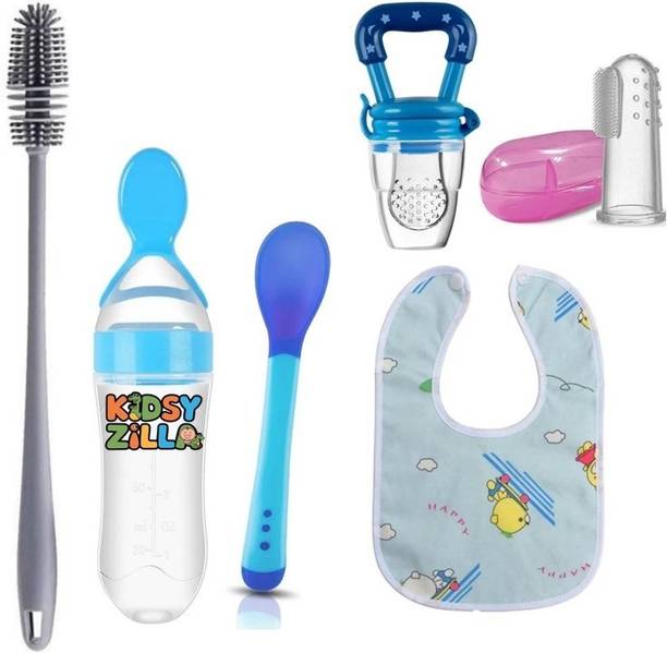 Kidsy Zilla Baby Spoon Bottle, Nibbler, Spoon, Bib, Finger brush, Bottle Brush Teether and Feeder