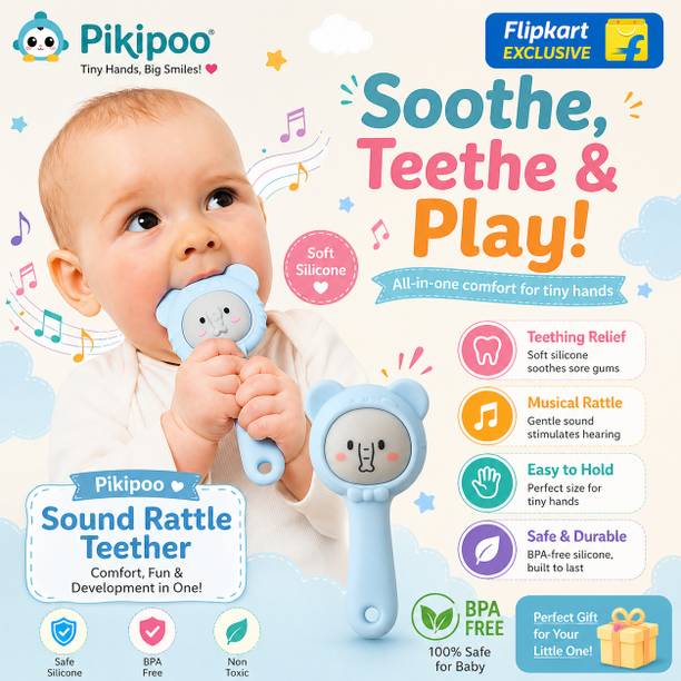PIKIPOO Baby Teething Toys | BPA Free Silicone Baby Teether | Soft Chew Sound Rattle Teether
