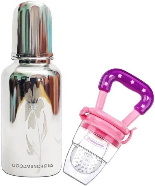 Goodmunchkins Stainless Steel Feeding Bottle 220ml -Silicone Fruit Feeder Teether and Feeder
