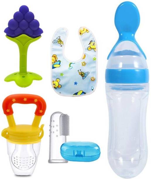 Roforuf Baby Teething & Feeding Set: Fruit Teether, Food Feeder, Toothbrush, Bib & Spoon Teether and Feeder