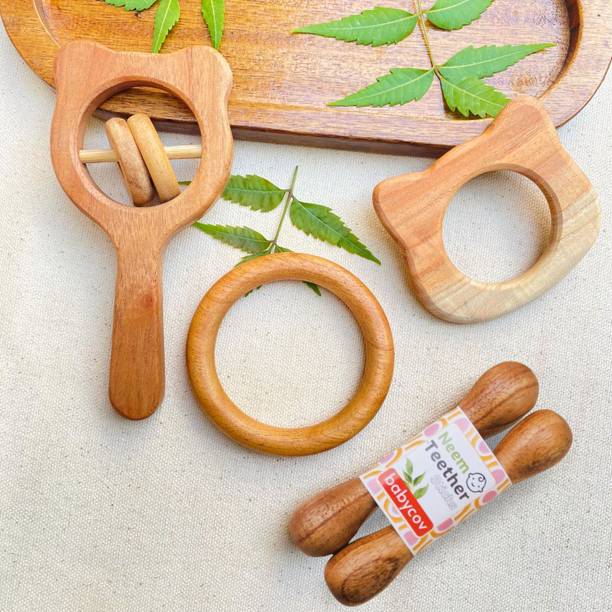BABYCOV Baby Teether Made of Neem Wood for 3+ Months-(Set of-5) Teether