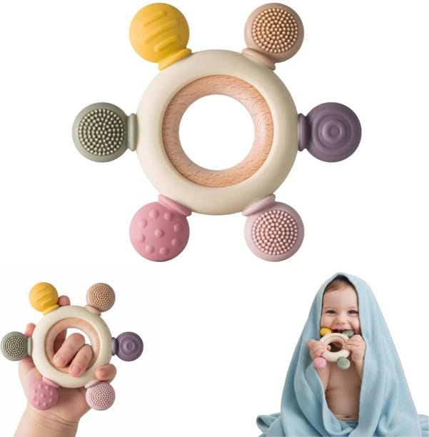 CATCLO Baby Teether Ring Wooden & Silicone,BPA Free Soft Chewing Toy for Infants Teether