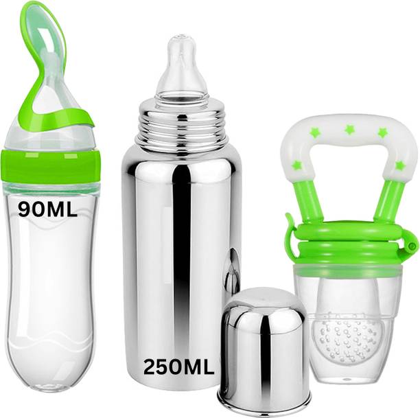 THE LITTLE BUNNY HOP IN STYLE Pack Of 3 Baby 250ml Stainless Steel Bottle | Spoon Feeder | Fruit Feeder
