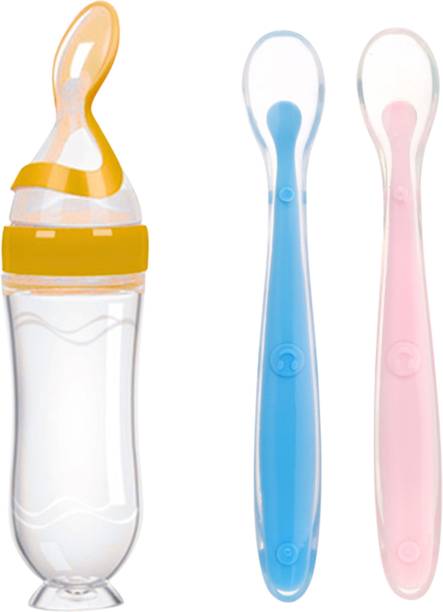 THE LITTLE BUNNY HOP IN STYLE Baby Silicone Squeeze Feeding Bottle with Spoon & Soft Training Spoon Set Feeder
