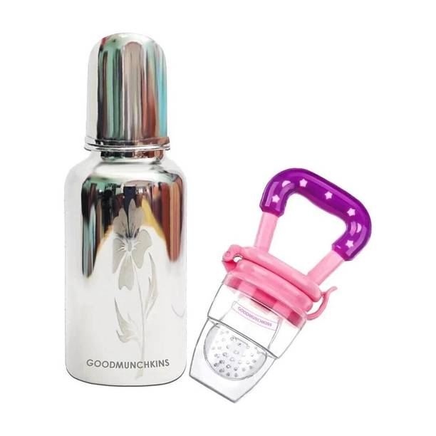 Goodmunchkins Stainless Steel Feeding Bottle 220ml -Silicone Fruit Feeder Teether and Feeder