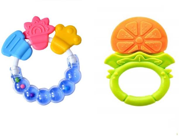 Joy Buzz Baby Silicone Rattle & Fruit Teether Pack Of 2 - Blue & Yellow Teether